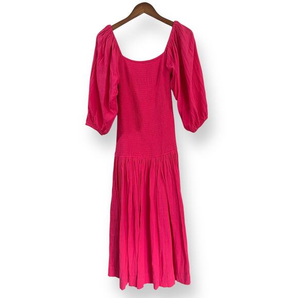 NWT Rhode Resort Harper Printed Smocked Midi Dress Size M Hot Pink Puff Sleeves - Picture 2 of 11